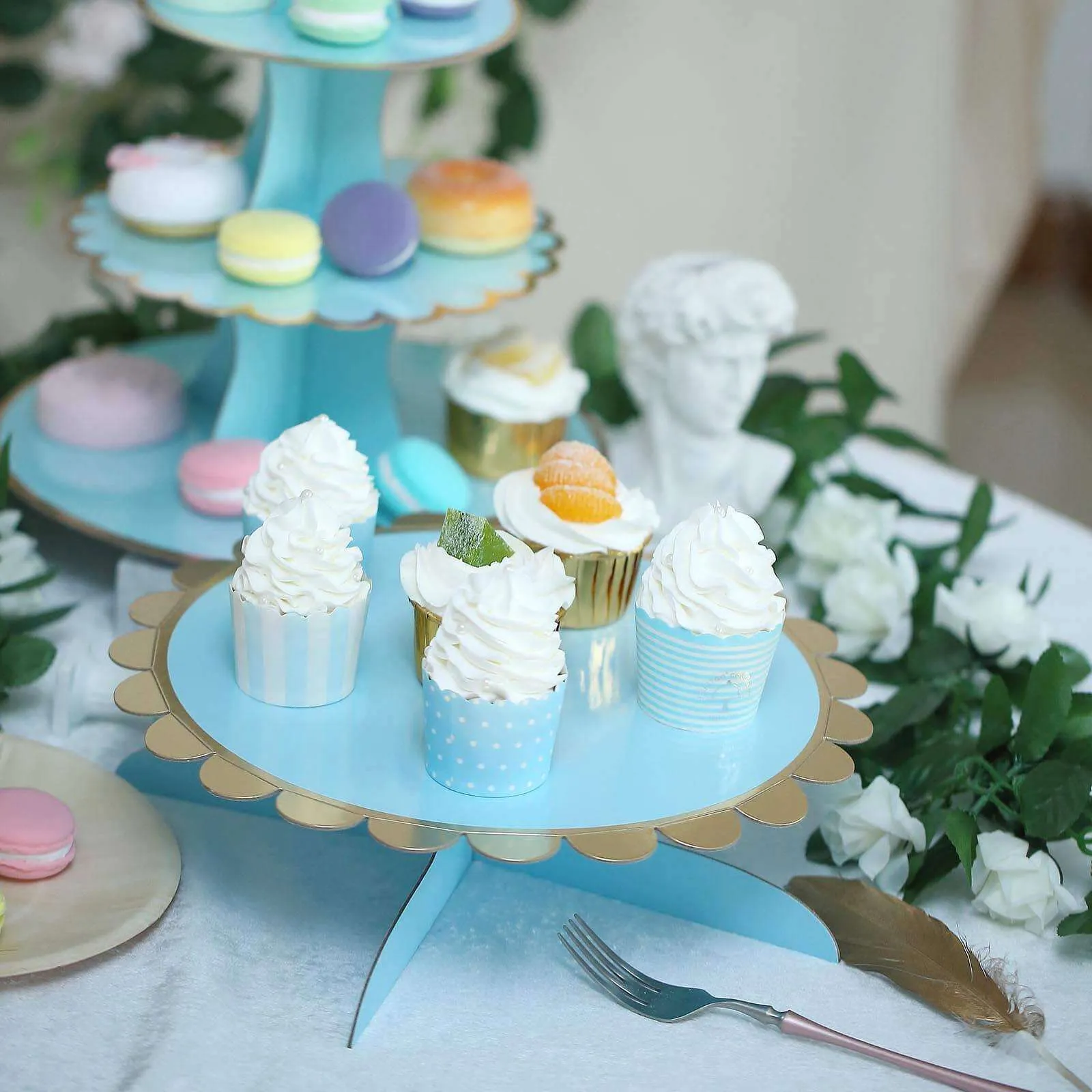 1-Tier Light Blue Gold Cardboard Cupcake Dessert Cake Stand Holder 13"