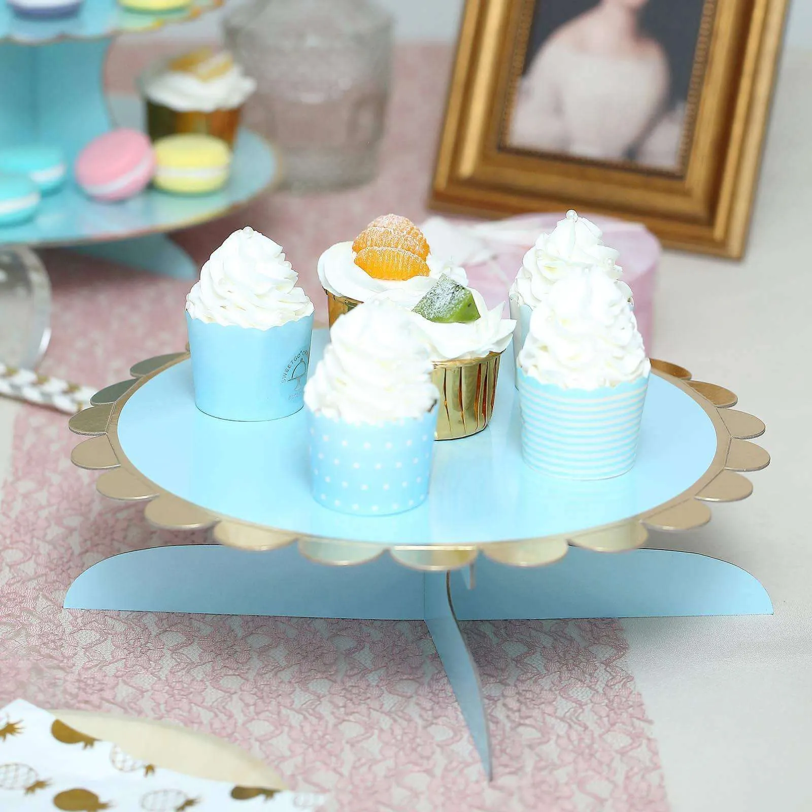 1-Tier Light Blue Gold Cardboard Cupcake Dessert Cake Stand Holder 13"