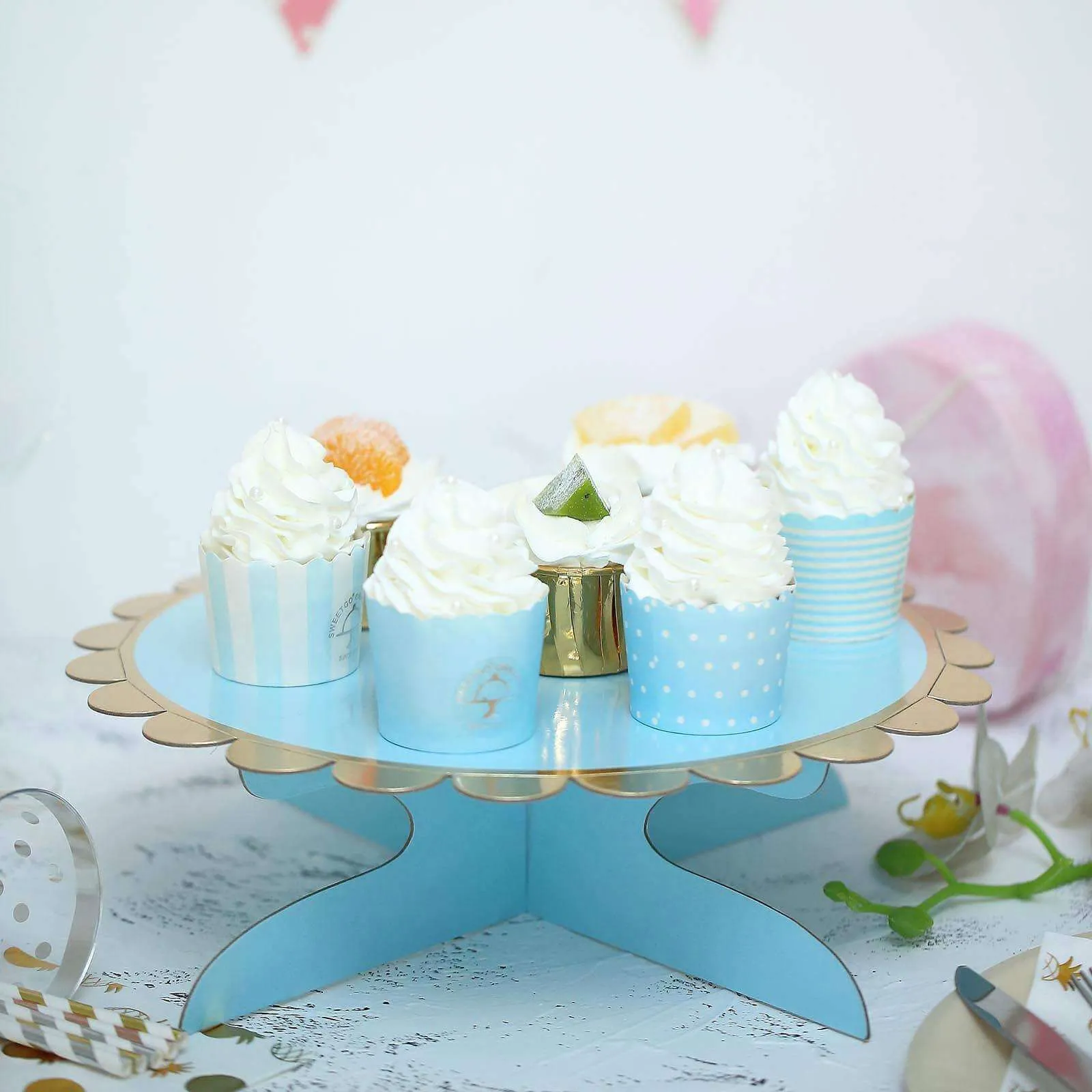 1-Tier Light Blue Gold Cardboard Cupcake Dessert Cake Stand Holder 13"