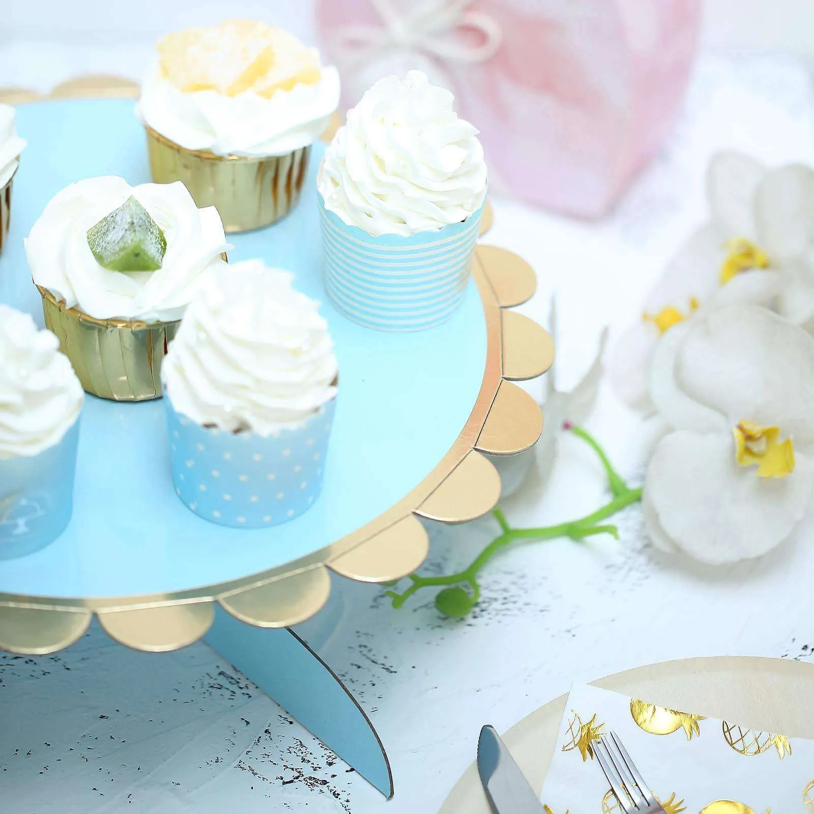 1-Tier Light Blue Gold Cardboard Cupcake Dessert Cake Stand Holder 13"