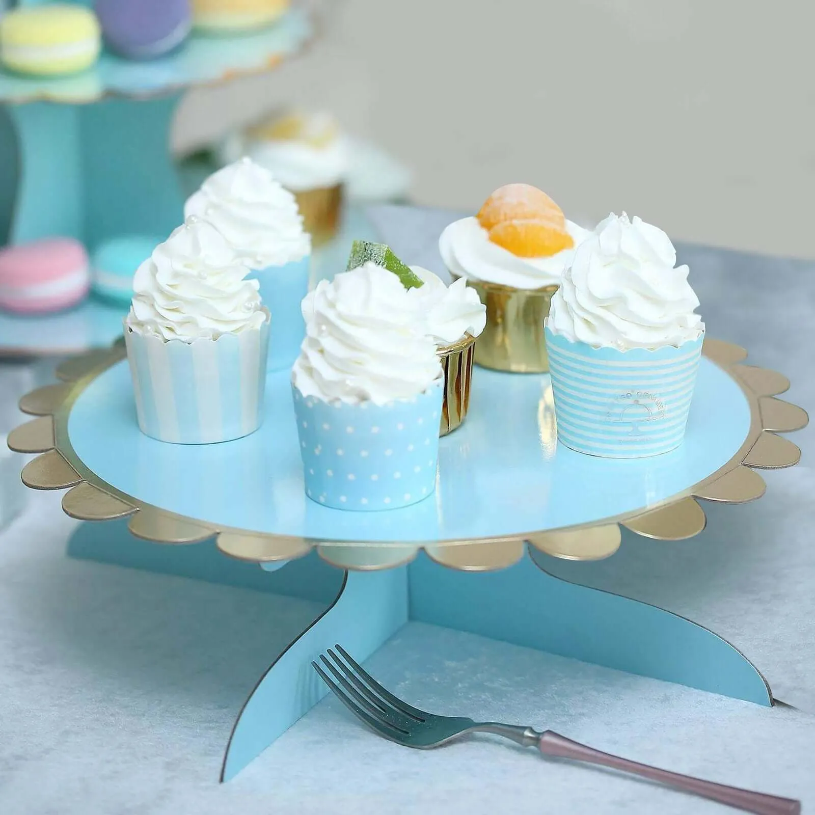 1-Tier Light Blue Gold Cardboard Cupcake Dessert Cake Stand Holder 13"