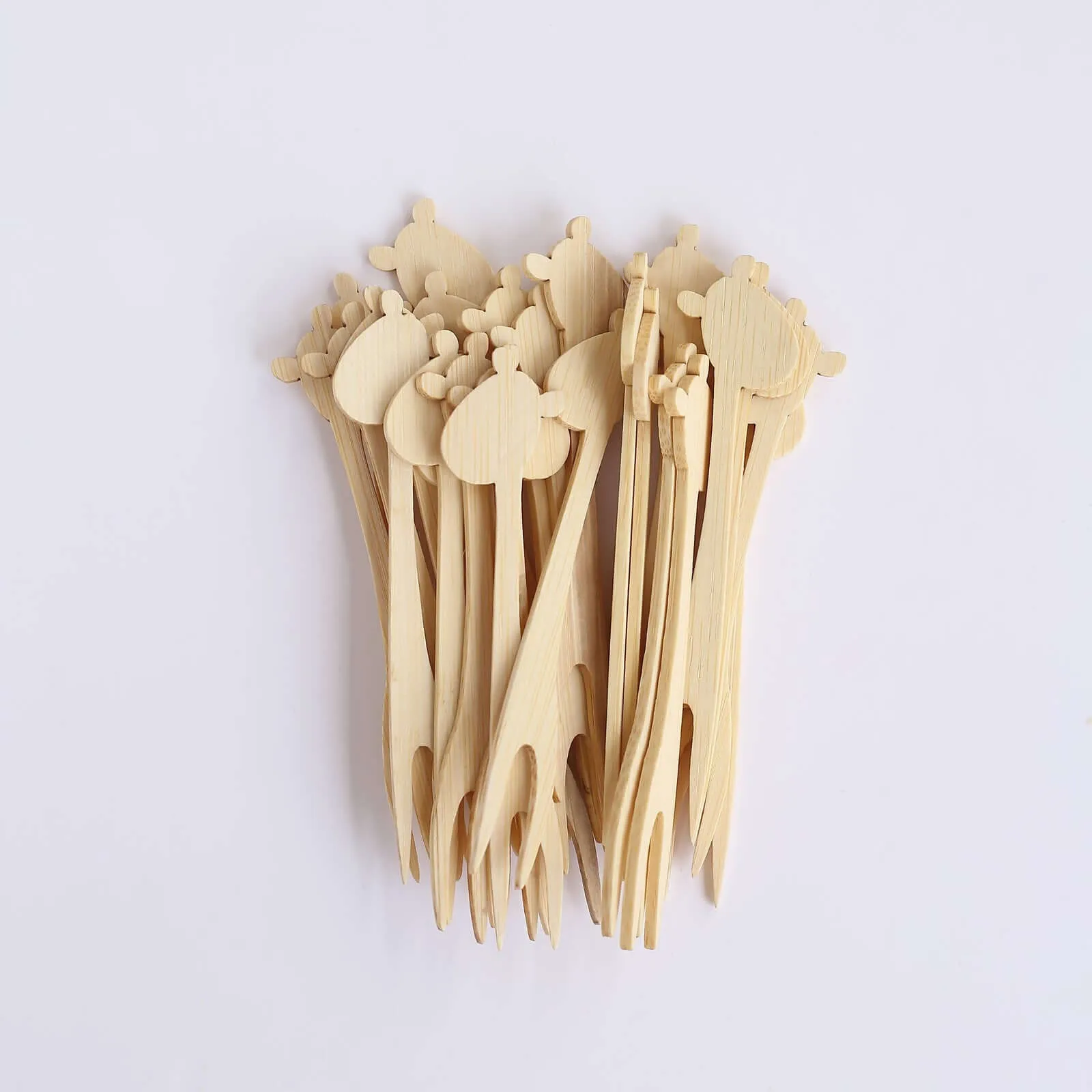 100 Pack Natural Eco Friendly Giraffe Bamboo Mini Forks, 4" Double Pronged Biodegradable Cocktail Picks Disposable Party Supplies