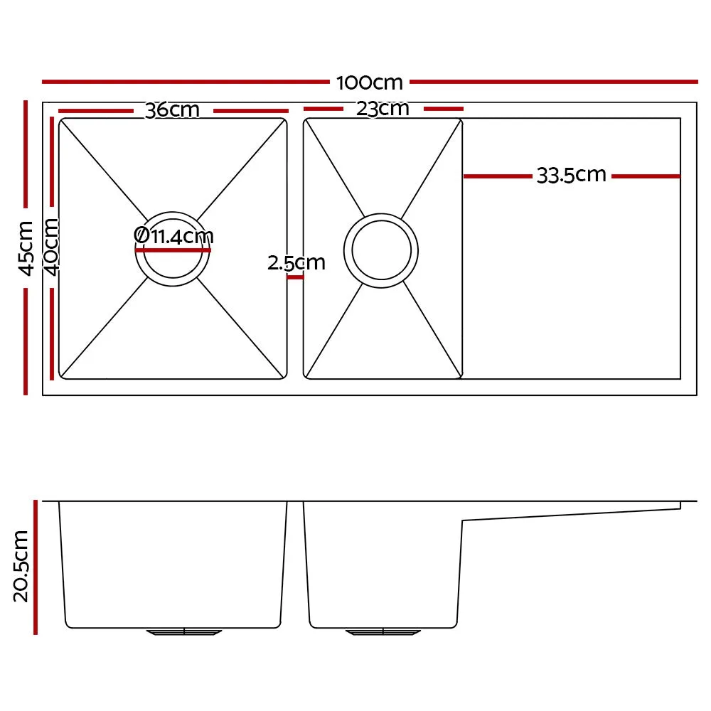 100cm x 45cm Stainless Steel Kitchen Sink Bowl Tub Under/Top/Flush Mount Black