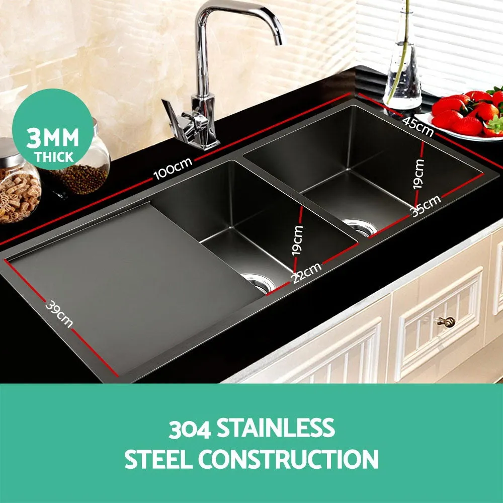 100cm x 45cm Stainless Steel Kitchen Sink Bowl Tub Under/Top/Flush Mount Black