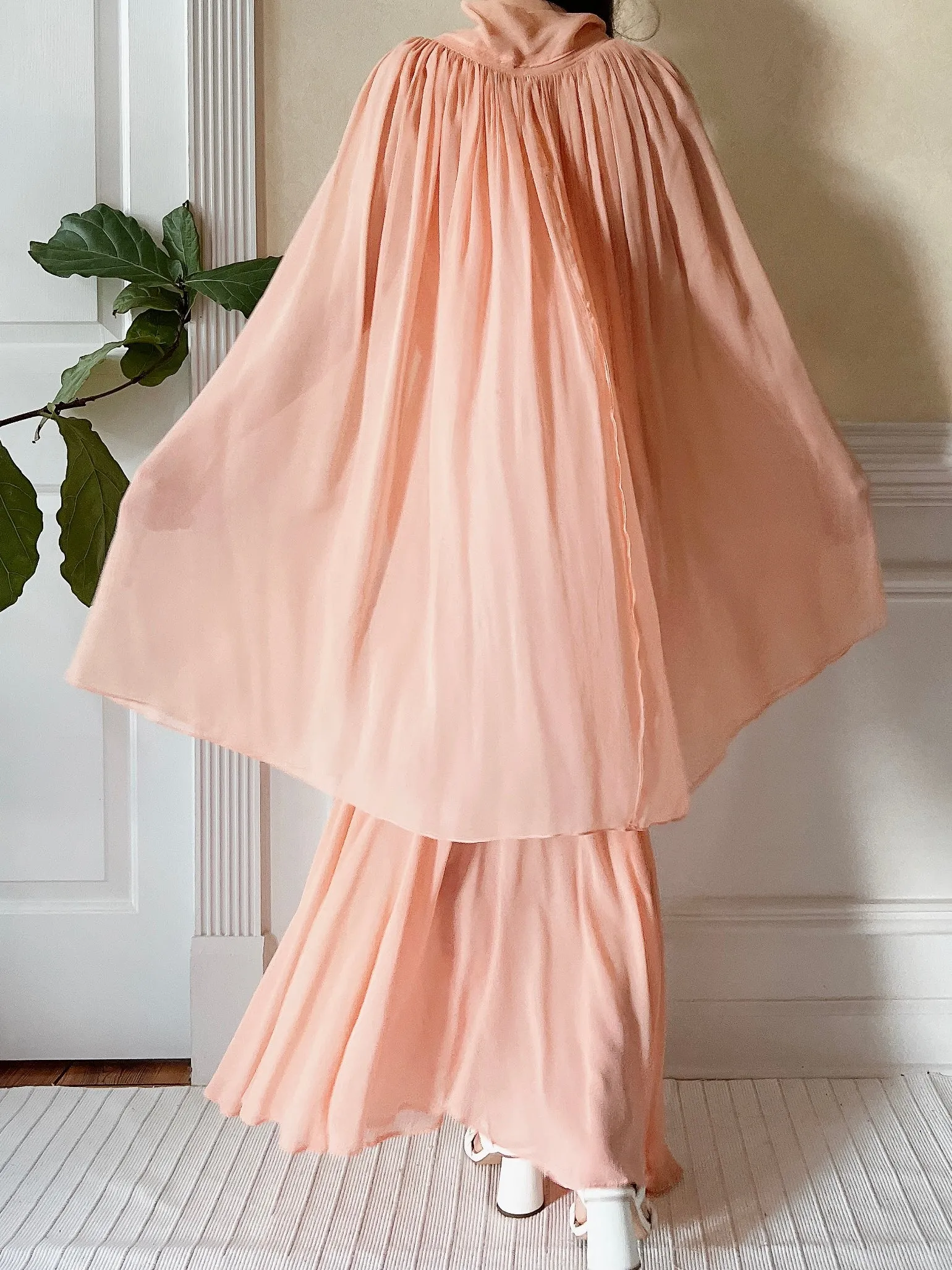 1930s Peach Pink Silk Chiffon Dress and Cape - S/M