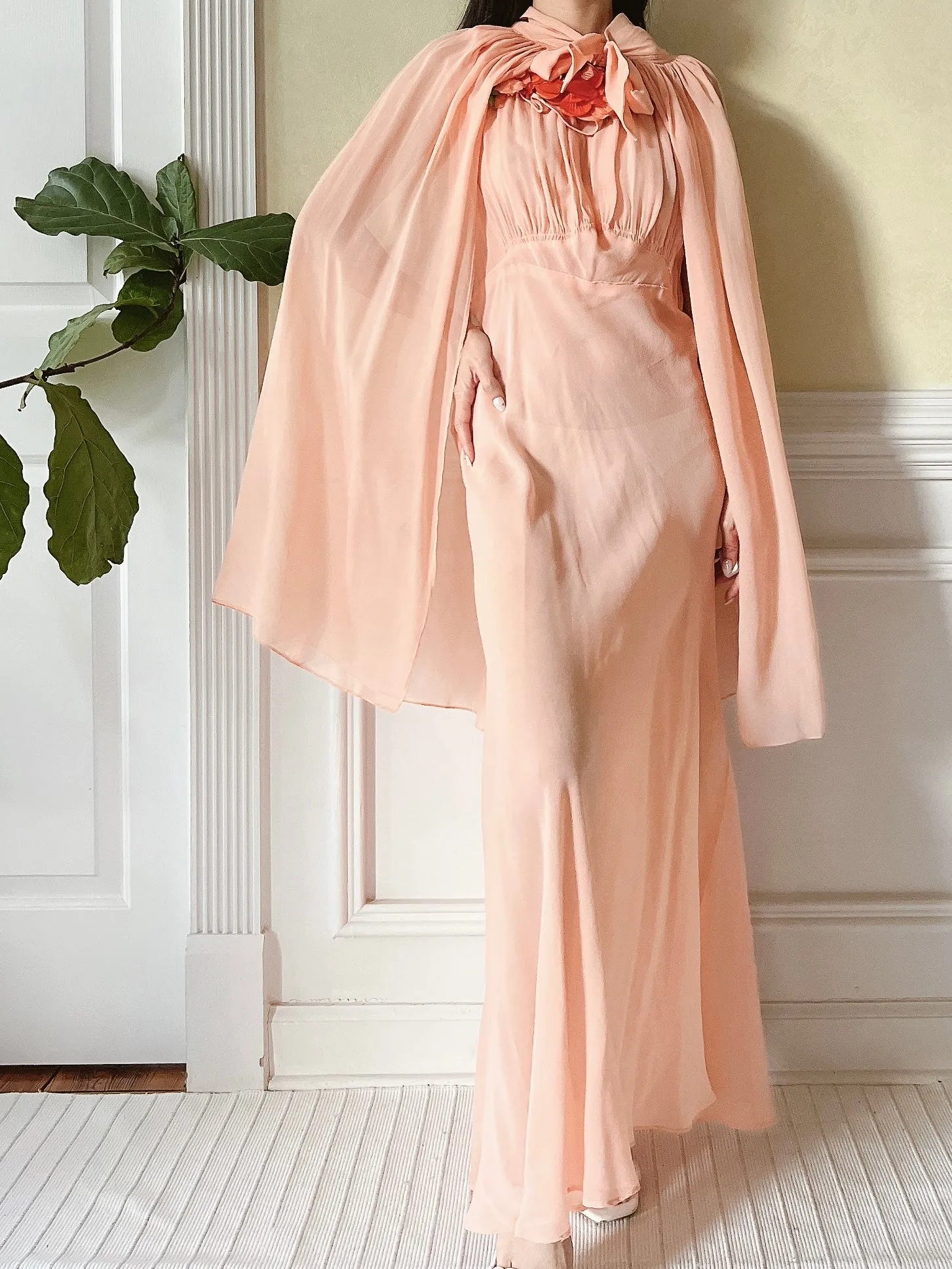 1930s Peach Pink Silk Chiffon Dress and Cape - S/M