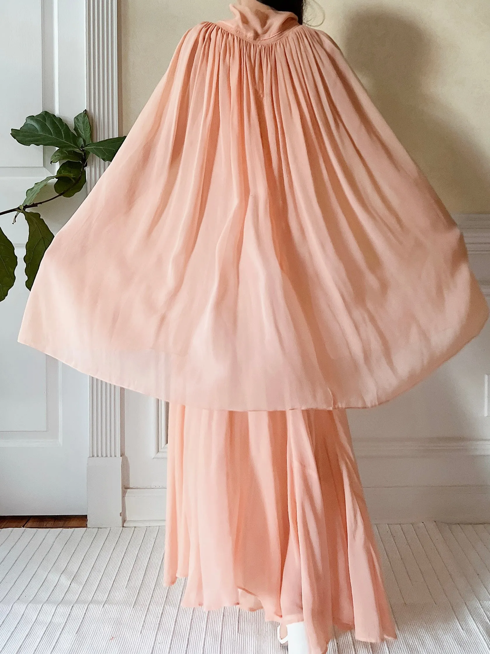 1930s Peach Pink Silk Chiffon Dress and Cape - S/M