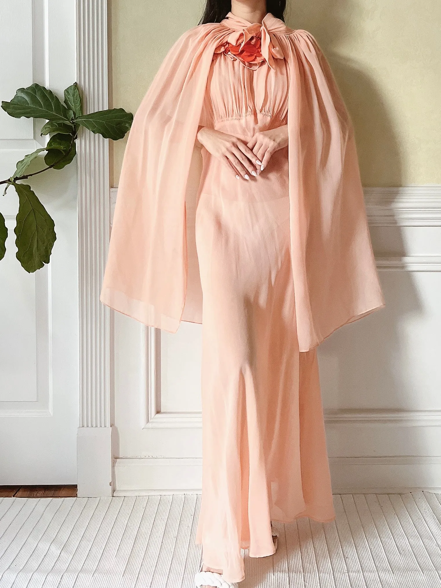 1930s Peach Pink Silk Chiffon Dress and Cape - S/M