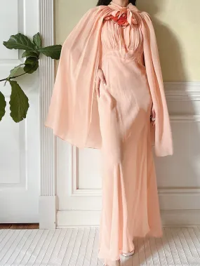 1930s Peach Pink Silk Chiffon Dress and Cape - S/M