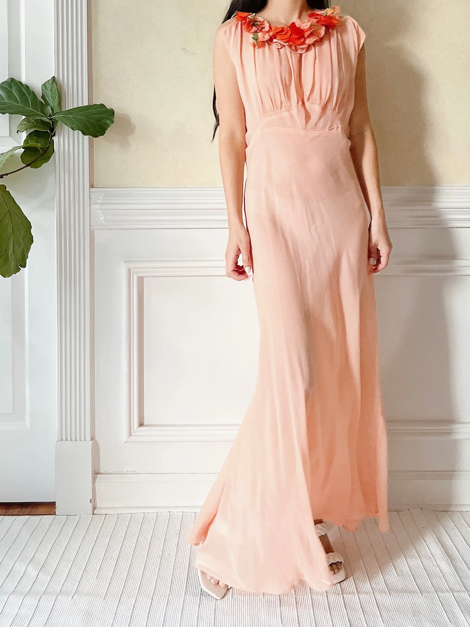 1930s Peach Pink Silk Chiffon Dress and Cape - S/M