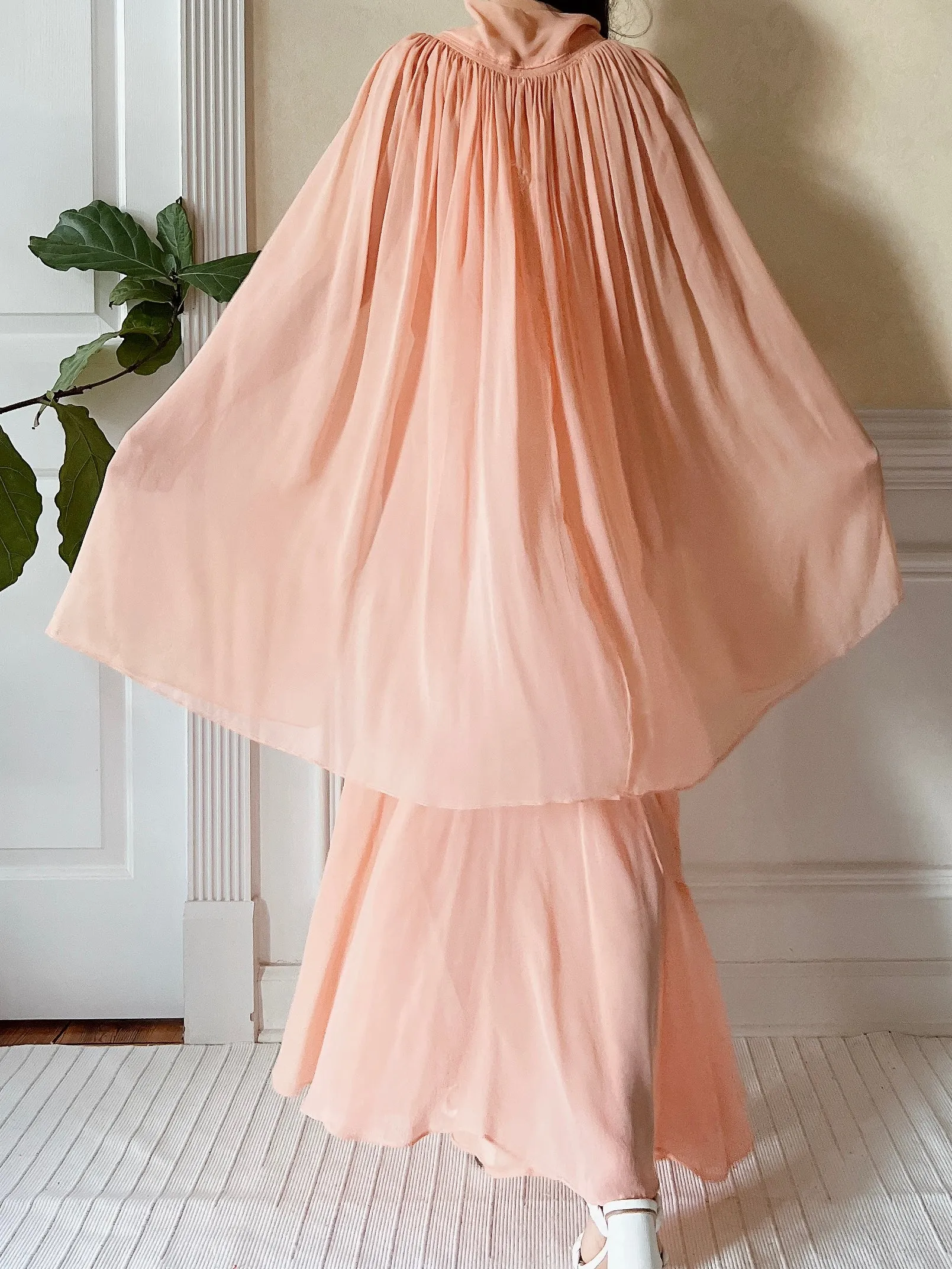 1930s Peach Pink Silk Chiffon Dress and Cape - S/M