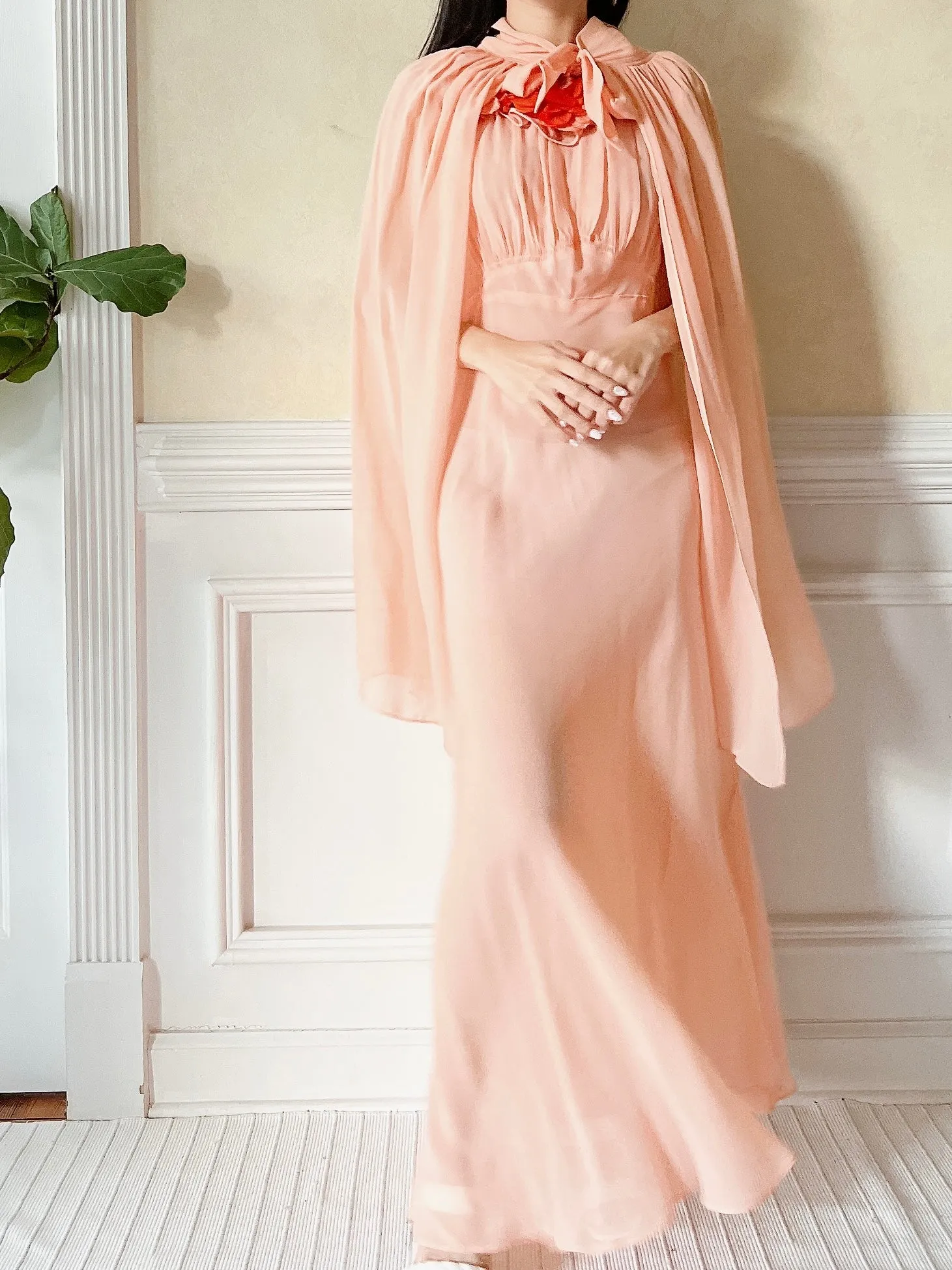 1930s Peach Pink Silk Chiffon Dress and Cape - S/M