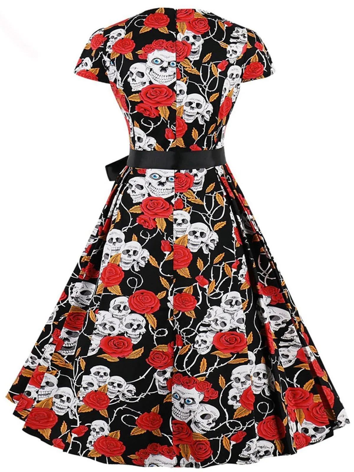 1950s Skull Rose Belted Swing Dress