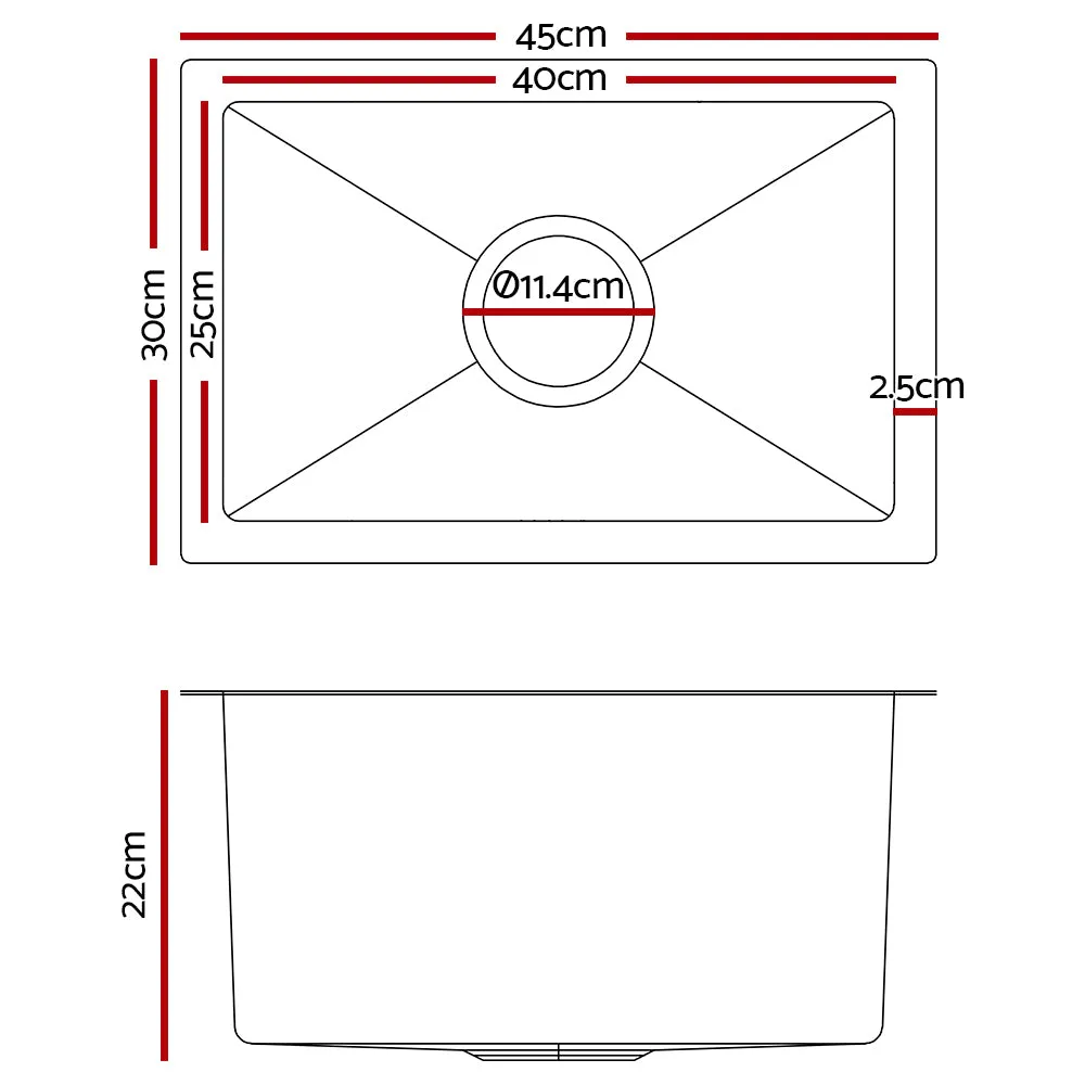 30 x 45cm Stainless Steel Kitchen Sink Basin Bowl Under/Top/Flush Mount Black