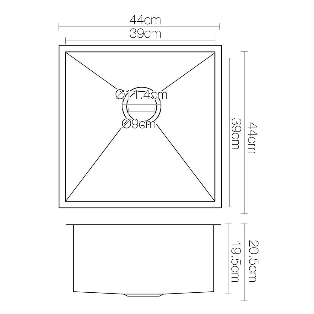 44cm Stainless Steel Kitchen Sink Basin Bowl Under/Top/Flush Mount Black