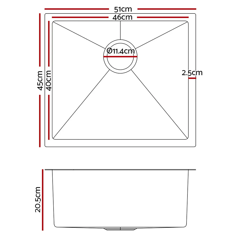 51 x 45cm Stainless Steel Kitchen Sink Basin Bowl Under/Top/Flush Mount Black