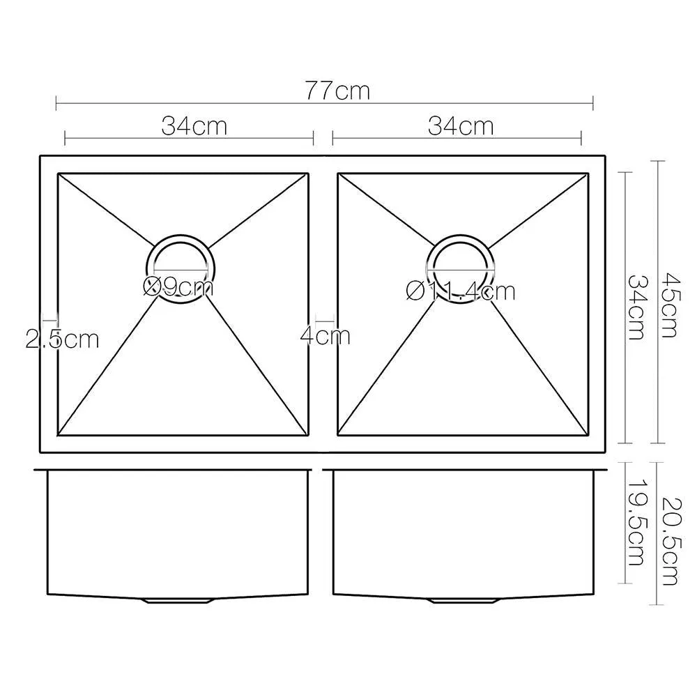 77cm Stainless Steel Kitchen Sink Basin Bowl Under/Top/Flush Mount Black