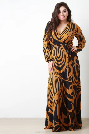 Abstract Curve Lines Surplice Longsleeve Maxi Dress