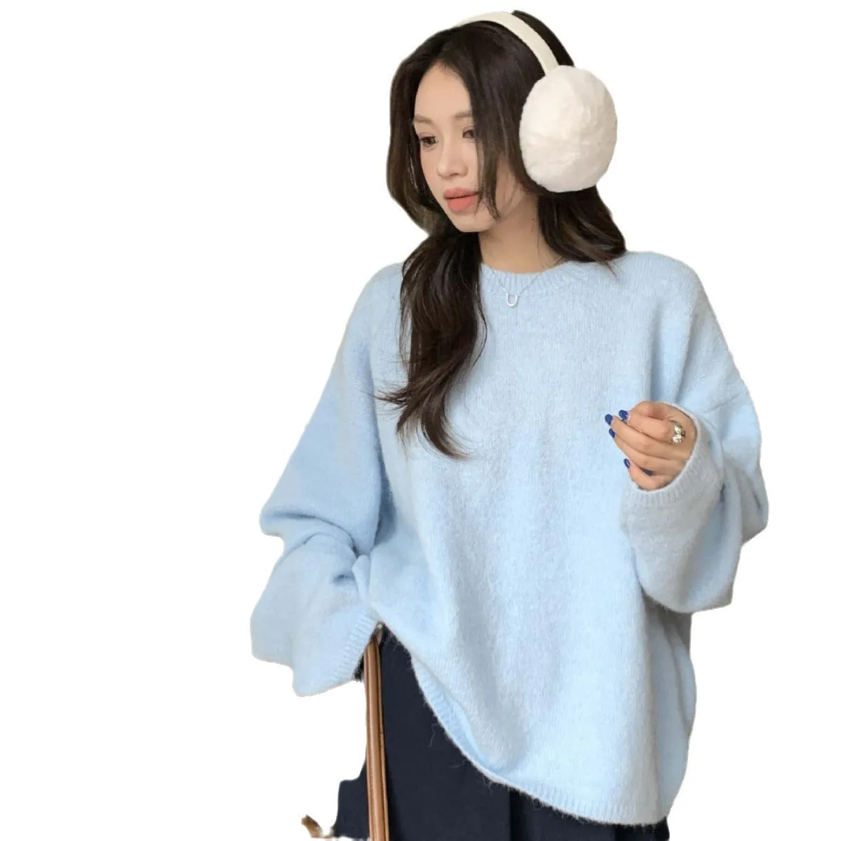 Advbridge  New Autumn and Winter Loose Skin-Friendly Solid Color round Neck Knitted Lazy Outer Wear Pullover Thickened Soft Glutinous Sweater for Women