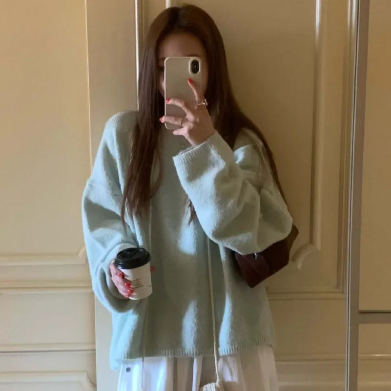 Advbridge  New Autumn and Winter Loose Skin-Friendly Solid Color round Neck Knitted Lazy Outer Wear Pullover Thickened Soft Glutinous Sweater for Women