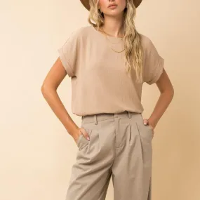 All I Need Roll Up Short Sleeve Top in Beige