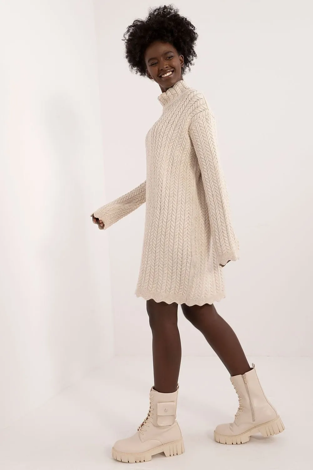 Badu Lettuce Hem Mock Neck Knit Long Sleeve Mini Dress