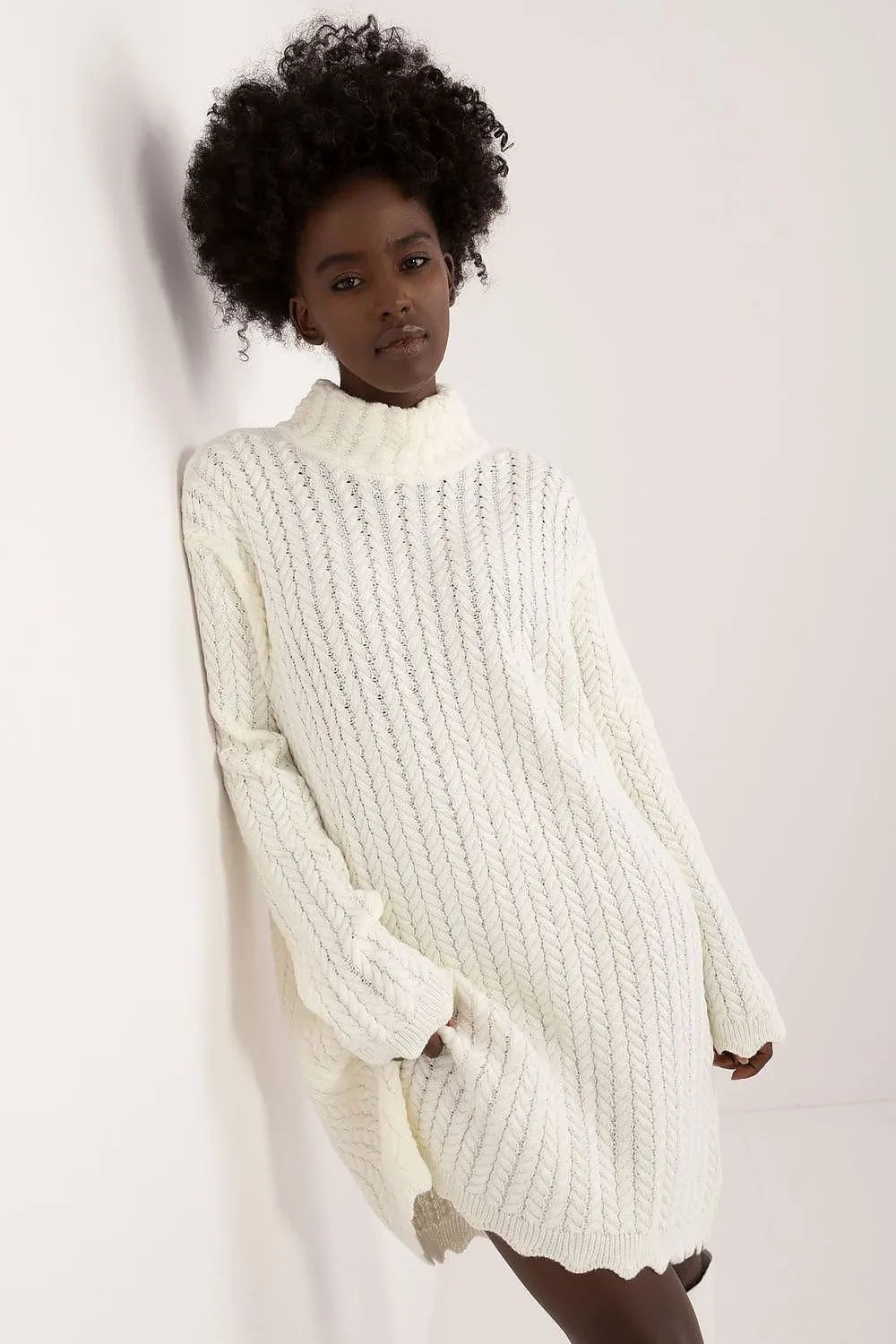 Badu Lettuce Hem Mock Neck Knit Long Sleeve Mini Dress