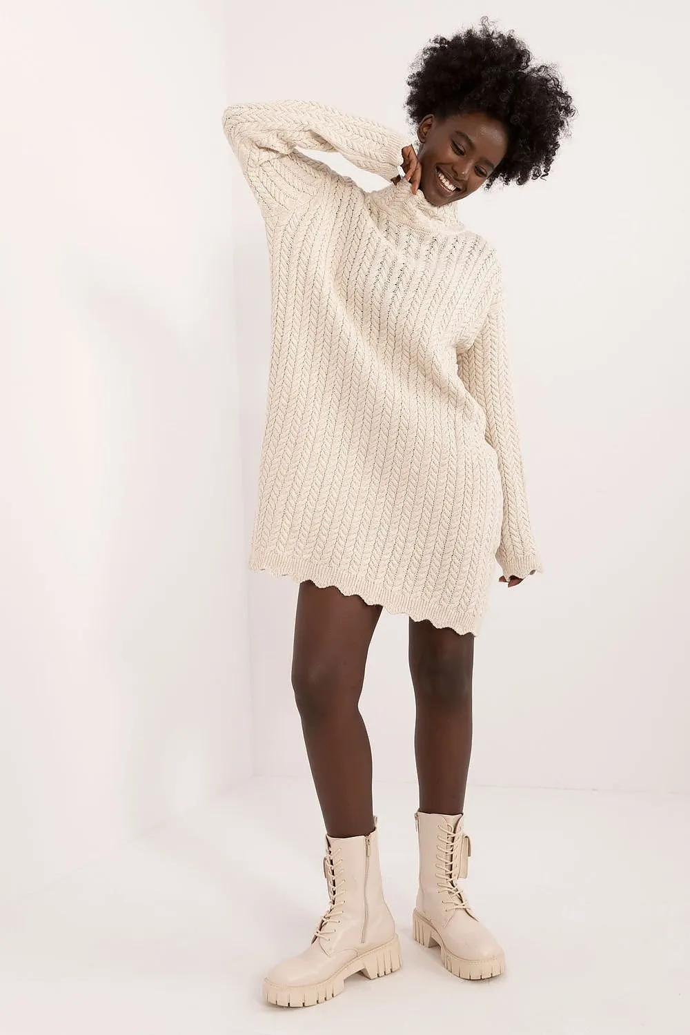 Badu Lettuce Hem Mock Neck Knit Long Sleeve Mini Dress