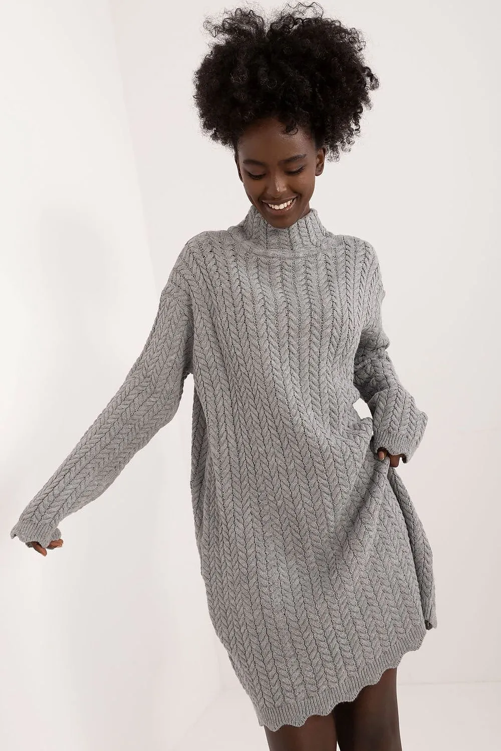 Badu Lettuce Hem Mock Neck Knit Long Sleeve Mini Dress