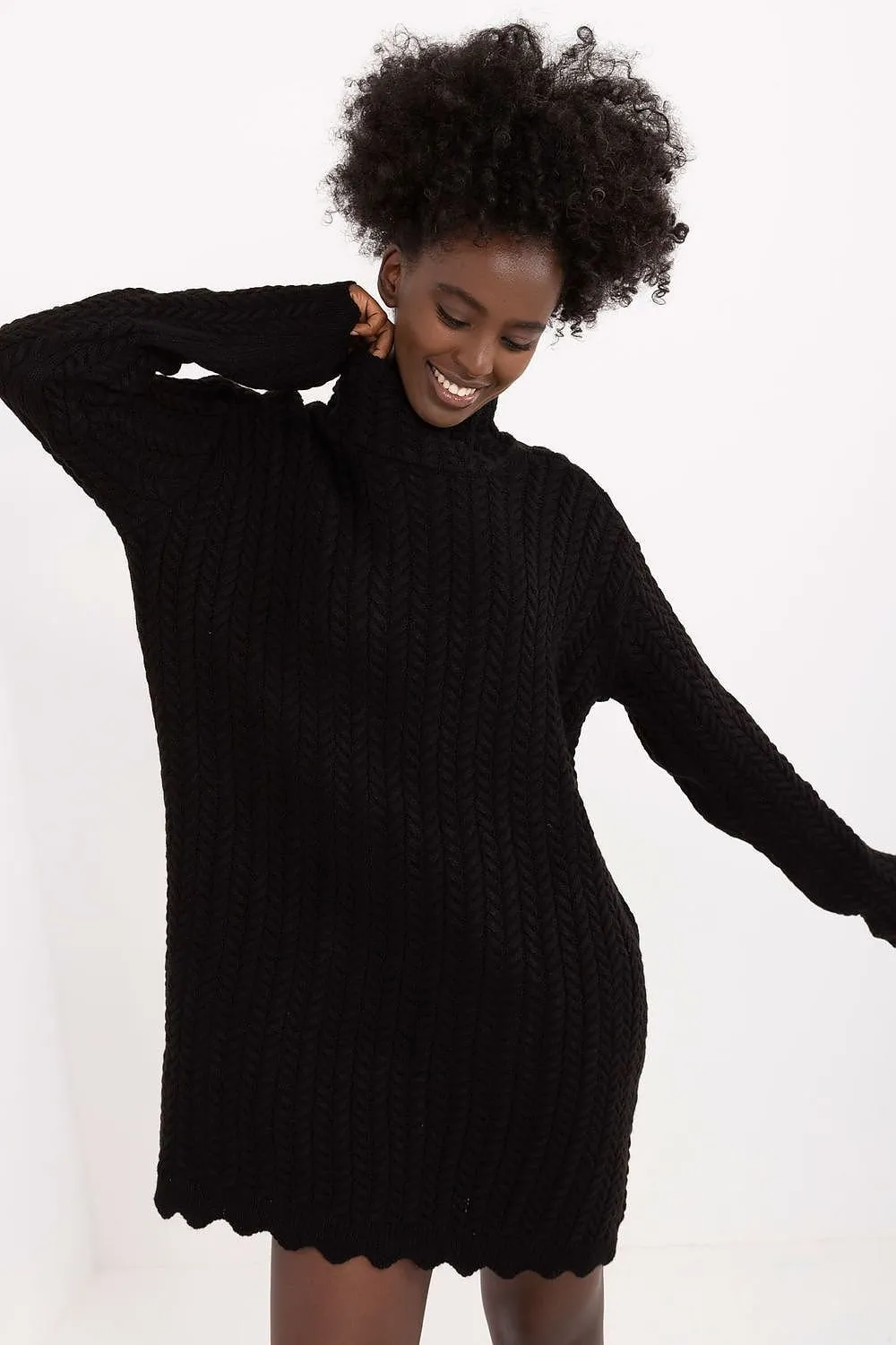 Badu Lettuce Hem Mock Neck Knit Long Sleeve Mini Dress