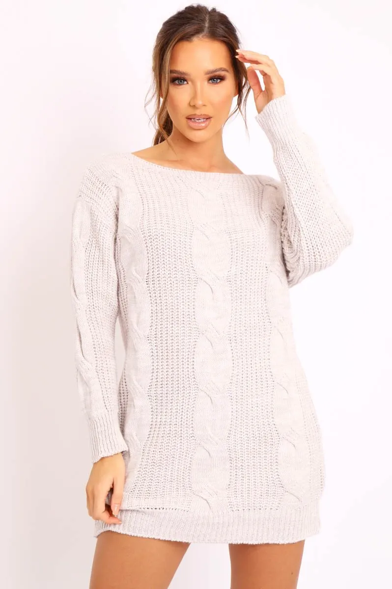 Beige Cable Knit Off Shoulder Jumper Dress - Berry