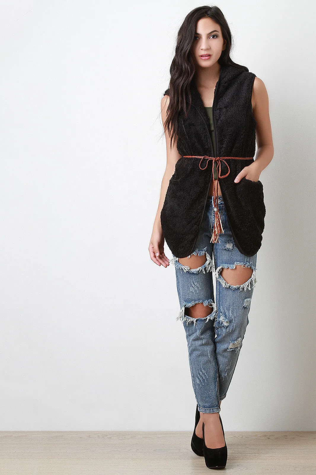 Belted Faux Fur Hoodie Vest