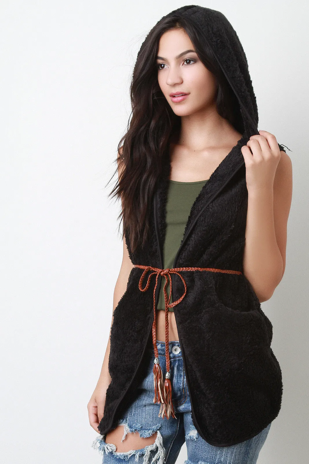 Belted Faux Fur Hoodie Vest