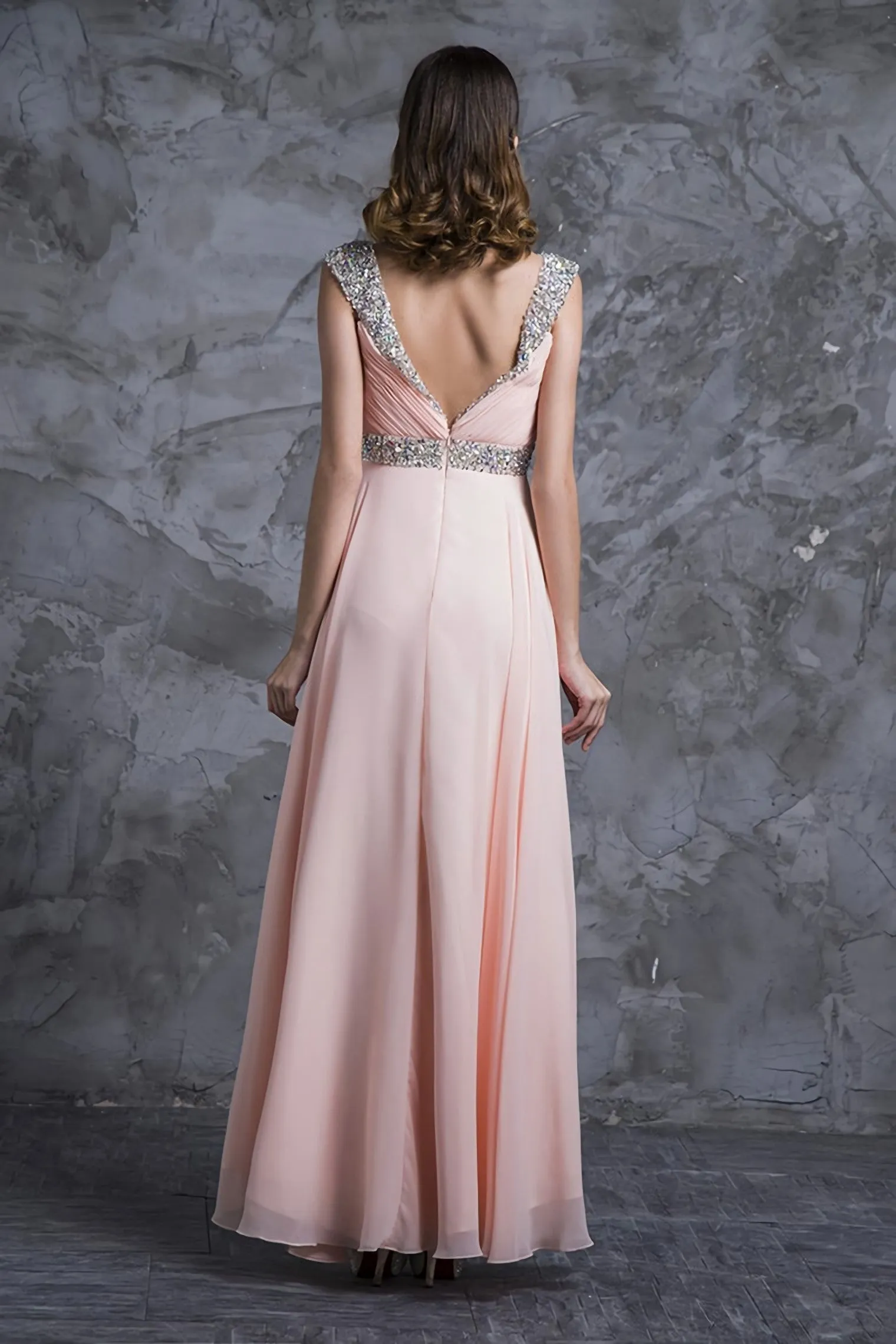 Best Selling Prom Dresses A Line V Neck Floor Length Chiffon Zipper Back