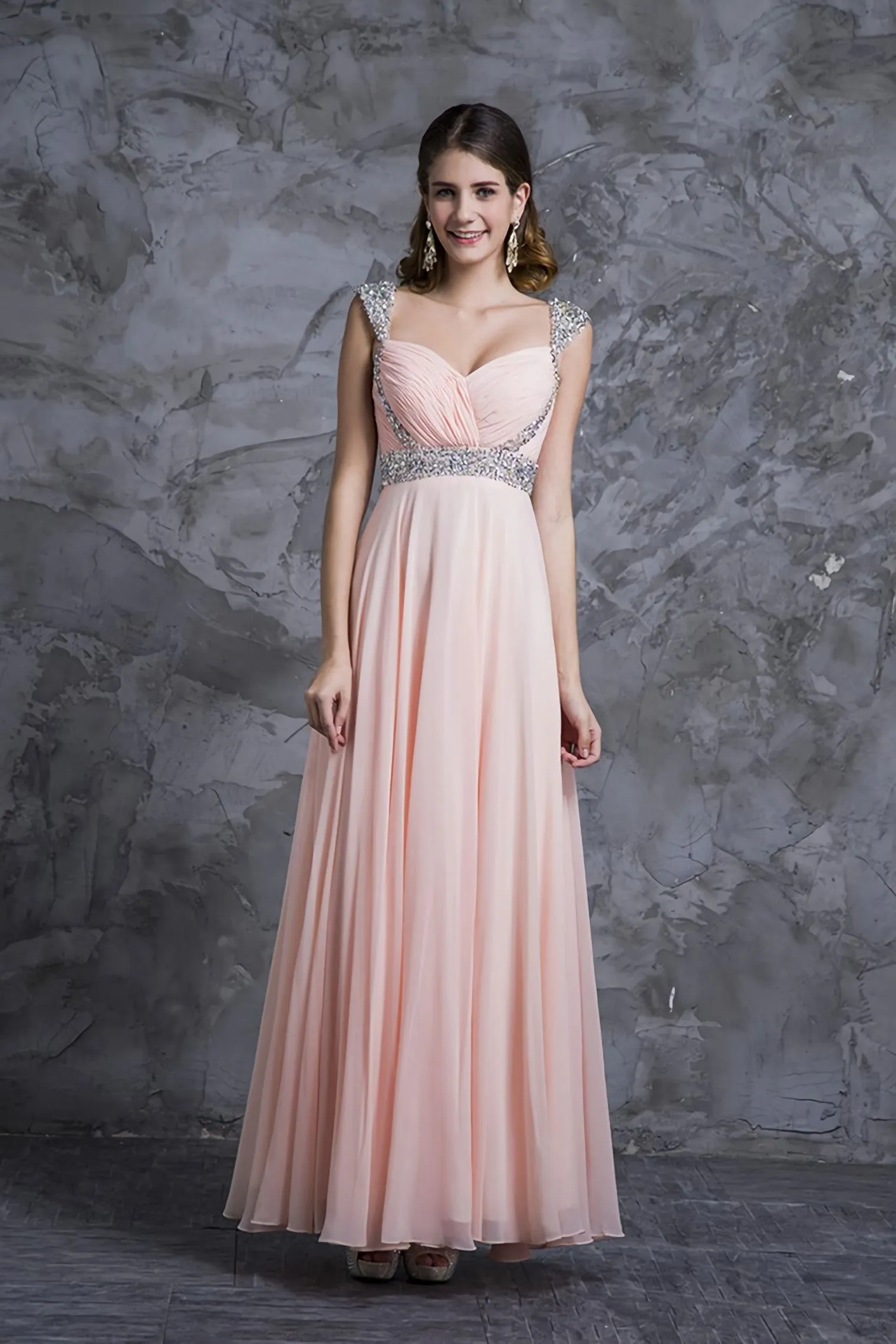 Best Selling Prom Dresses A Line V Neck Floor Length Chiffon Zipper Back