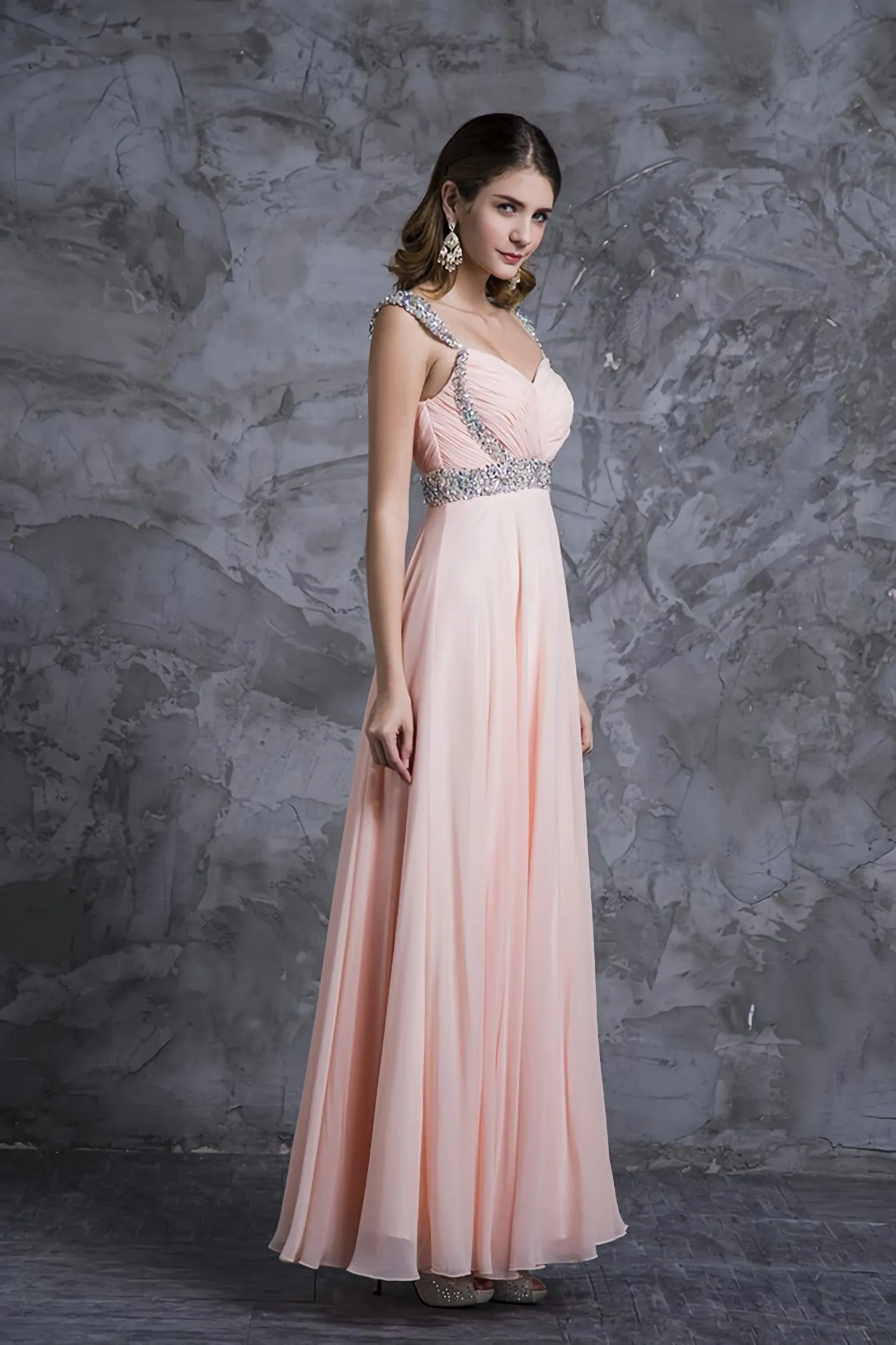 Best Selling Prom Dresses A Line V Neck Floor Length Chiffon Zipper Back