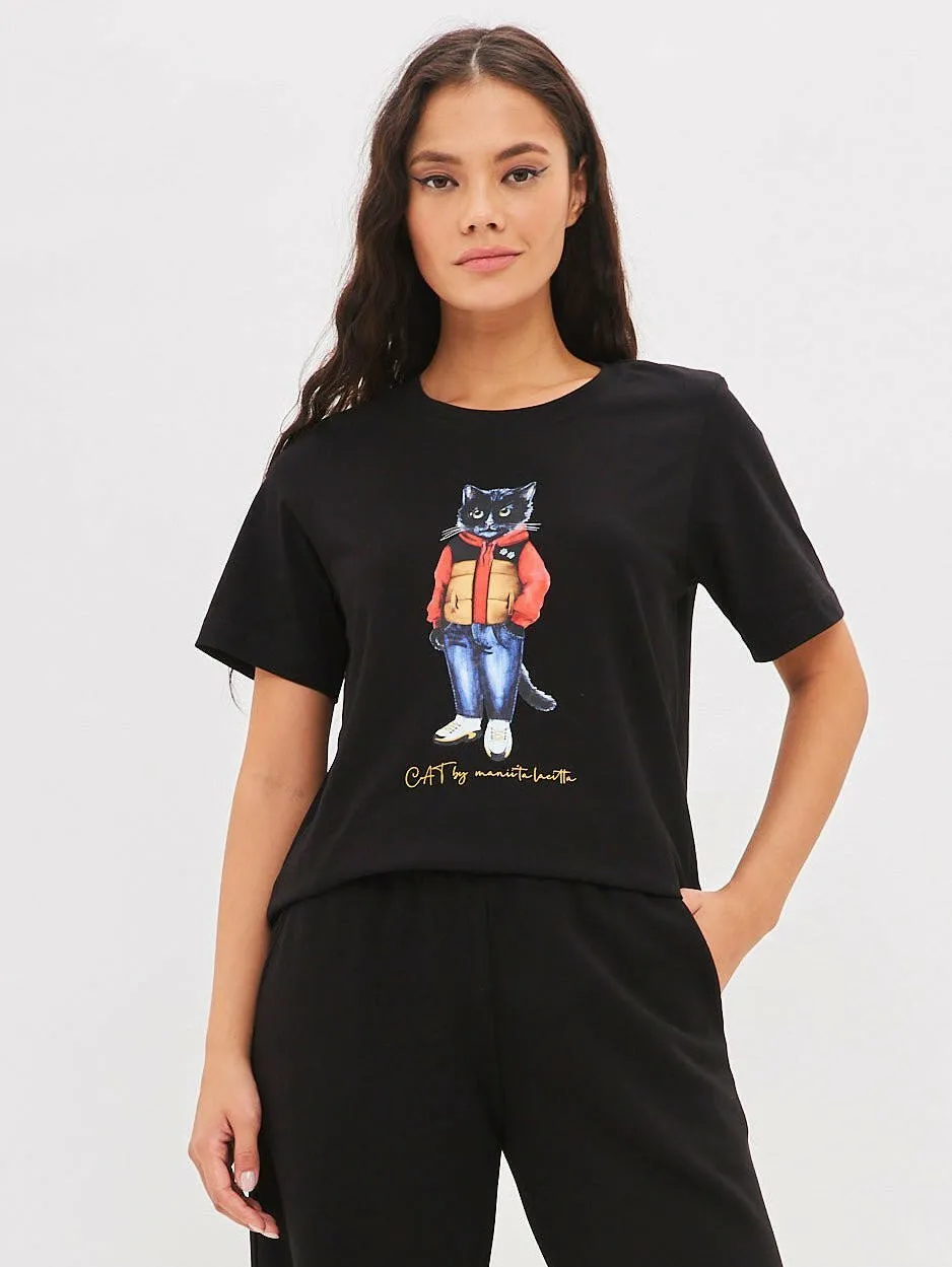 Black Printed T-shirt SPORT CASUAL CAT