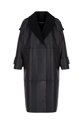 BLACK VEGAN LEATHER TEDDY DETAILED LONG COAT