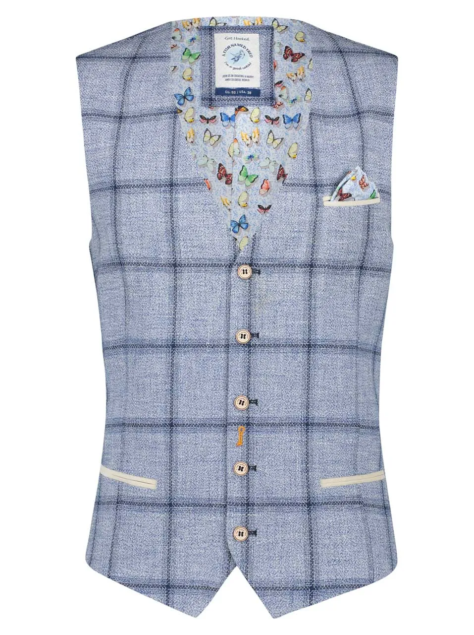 Blauwe gilet met vlinderprint | A fish named Fred waistcoat big light blue check