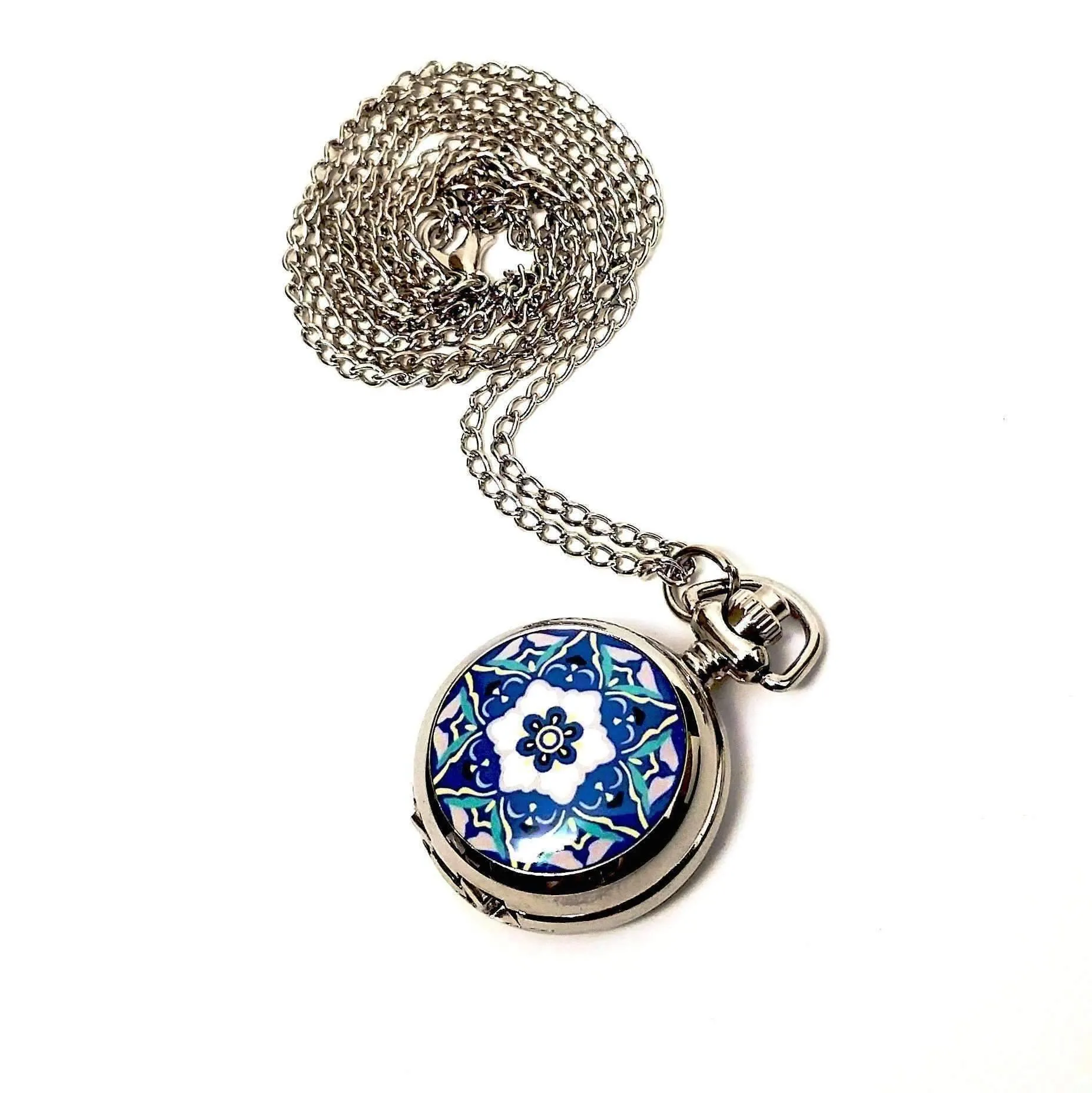 Blue and White Floral Vintage Style Mini Pocket Watch For Woman