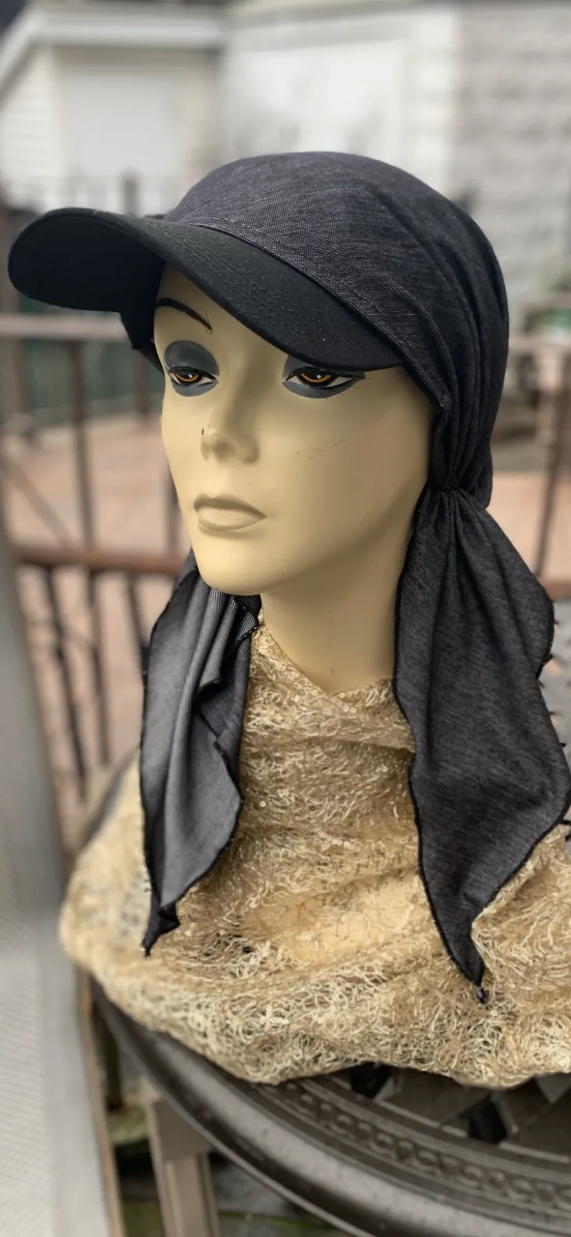 Blue Hijab Tichel Headscarf For Women | Denim Sun Visor Baseball Cap | Tie Back Hat | Blue or Black Sun Visor Scarf Hijab Covering