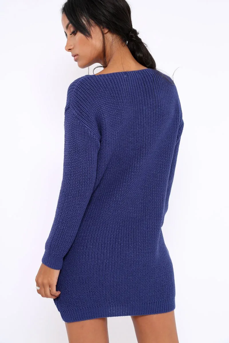 Blue Jumper Dress with Twist Knit Detail - Antonia