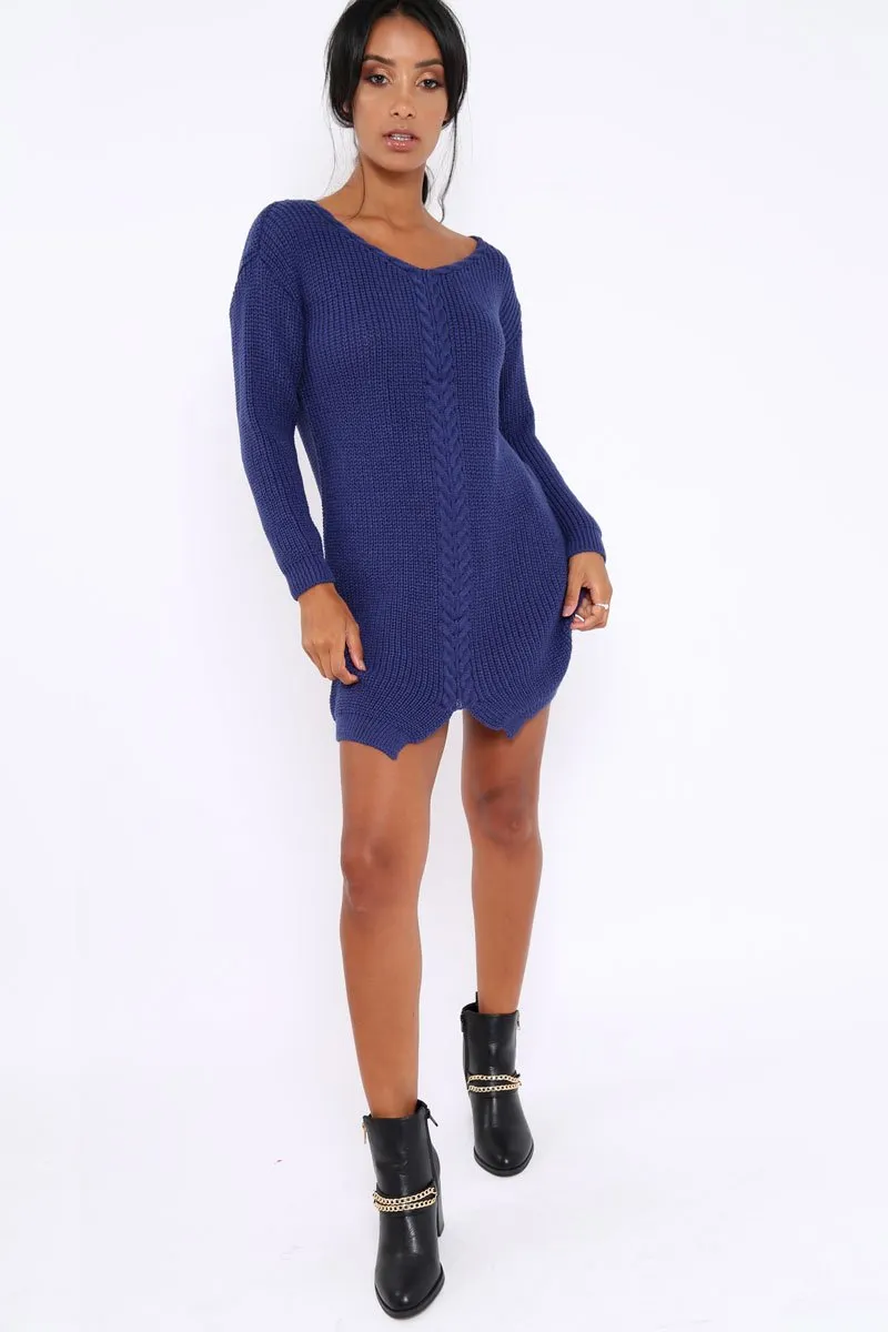 Blue Jumper Dress with Twist Knit Detail - Antonia