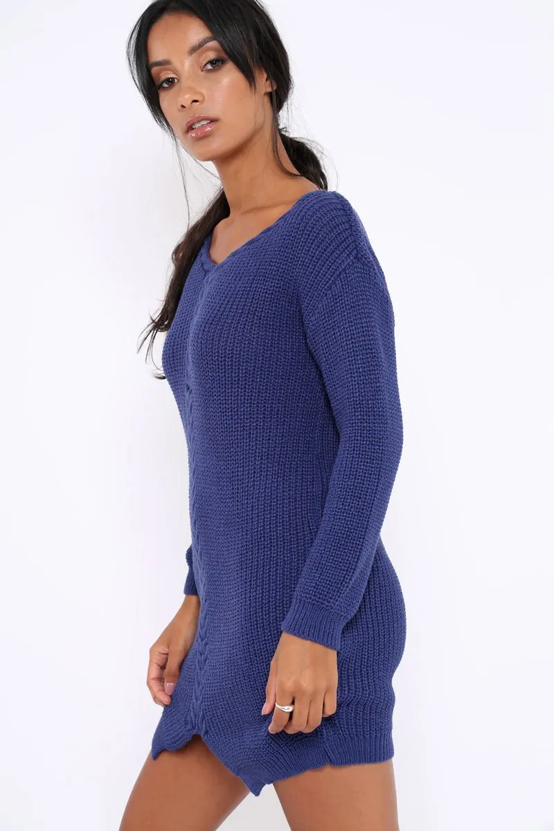 Blue Jumper Dress with Twist Knit Detail - Antonia