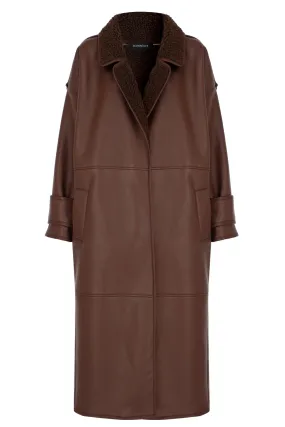 BROWN VEGAN LEATHER TEDDY DETAILED LONG COAT