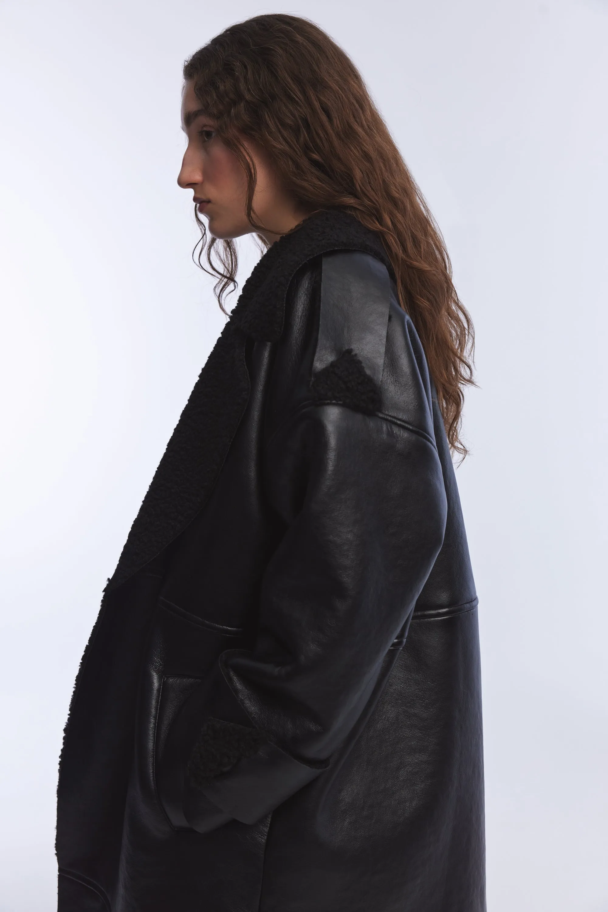 BROWN VEGAN LEATHER TEDDY DETAILED LONG COAT