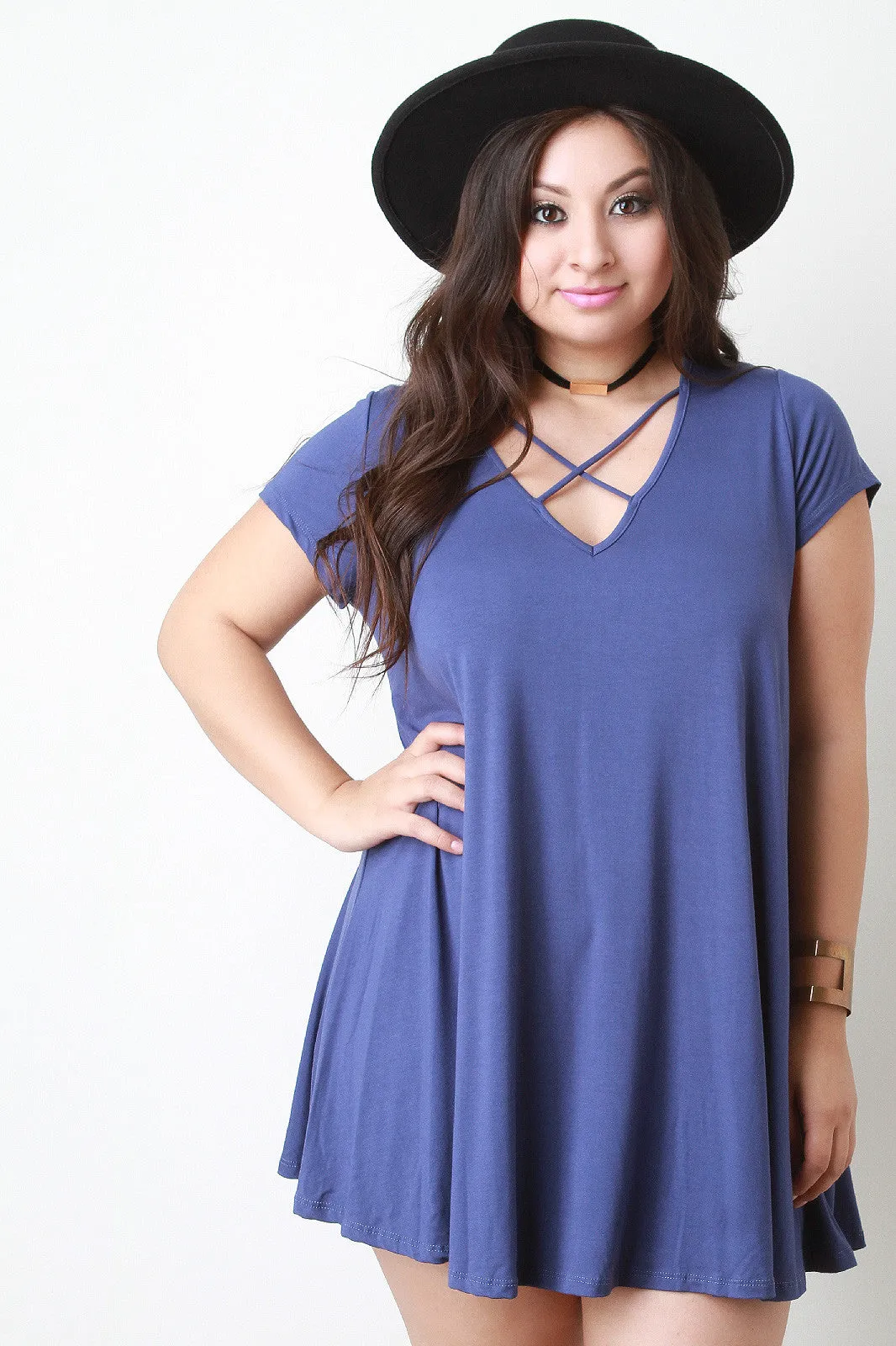 Cross Strap V Neck Tee Shirt Dress