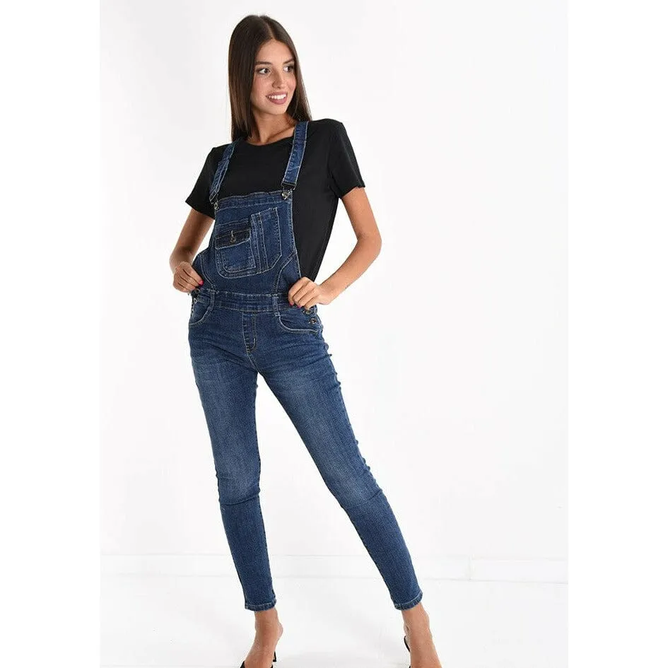 Damen Hose ose Latz Baumwolle mit Knöpfen mit Taschen Denim