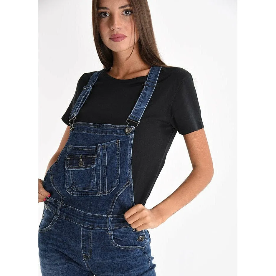 Damen Hose ose Latz Baumwolle mit Knöpfen mit Taschen Denim