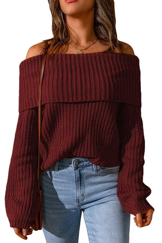 Dark Green Off Shoulder Knitted Sweater